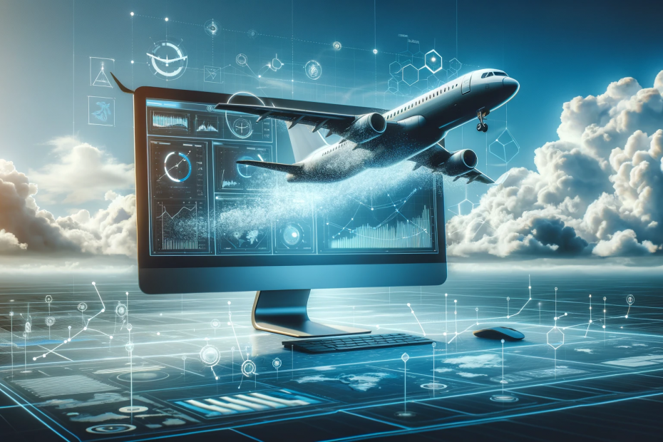 Plane taking off from a computer screen